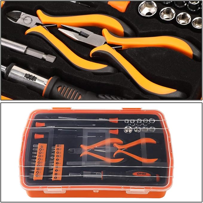 DNA MOTORING 37pcs Handheld Tool & Complete Drill Bits Set, Home Repair Tool Set, Screwdriver, Pliers, Ratchet Bit Driver kit, Maintenance Tools kit, Orange/Black, TOOLS-00035
