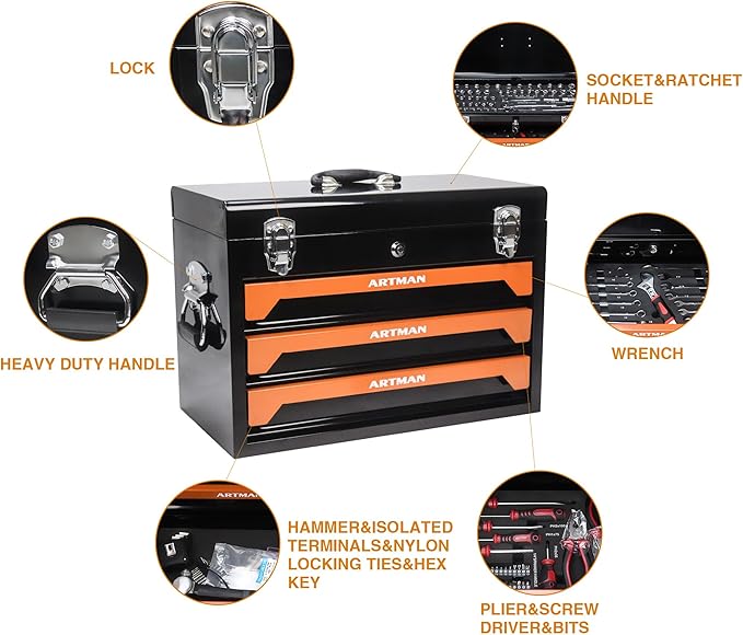 439-Piece Mechanics Tool Set, Household Tool kit with 3-Drawer Heavy Duty Metal Box, Portable Tool Box for Home/Auto Repair - Gift for Men - Orange & Black