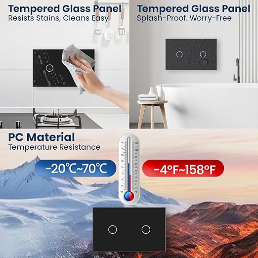 Smart Light Switch 3 Way Need Neutral Wire,FCC Certified,2.4GHz WiFi Switch Glass Panel APP Control Timer Work with Tuya/Smart Life,Alexa and Google Home,Black 2 Gang