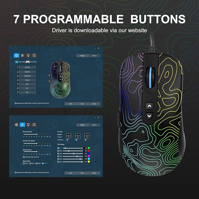 Womier G705 USB Wired Gaming Mouse for PC Computer Windows Mac Laptop, Lightweight Silent RGB Backlit Mouse with Adjustable 12000DPI/7 Programmable Side Buttons,Kanagawa Theme (Black Topographic)