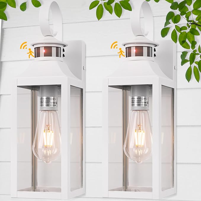 16" Motion Sensor Outdoor Lights 2 Pack - White Dusk to Dawn Light Fixtures Wall Mount, Modern Exterior Wall Sconces, Large Outside Lamps for House, Garage Lanterns