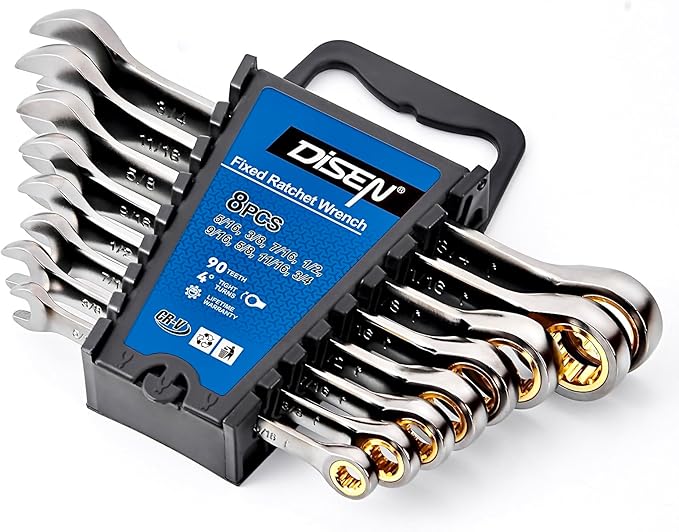 DISEN Ratcheting Wrench Set SAE Upgraded Open&Box End 90 Teeth 5/16", 3/8", 7/16", 1/2", 9/16", 5/8", 11/16", 3/4" Combination Ratchet Wrenches with Organizer, Black Nickel Coated,CR-V Steel (8PCS)