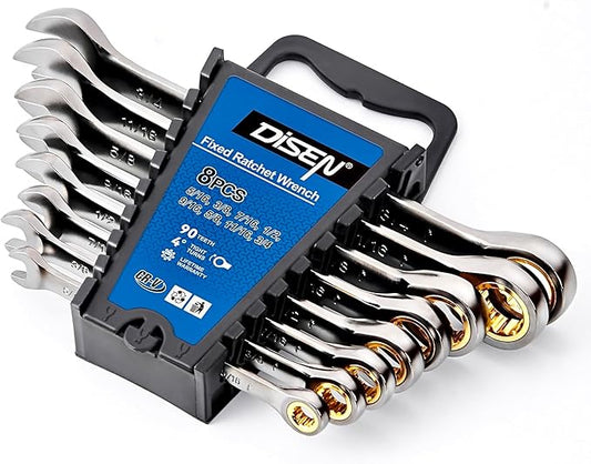 DISEN Ratcheting Wrench Set SAE Upgraded Open&Box End 90 Teeth 5/16", 3/8", 7/16", 1/2", 9/16", 5/8", 11/16", 3/4" Combination Ratchet Wrenches with Organizer, Black Nickel Coated,CR-V Steel (8PCS)