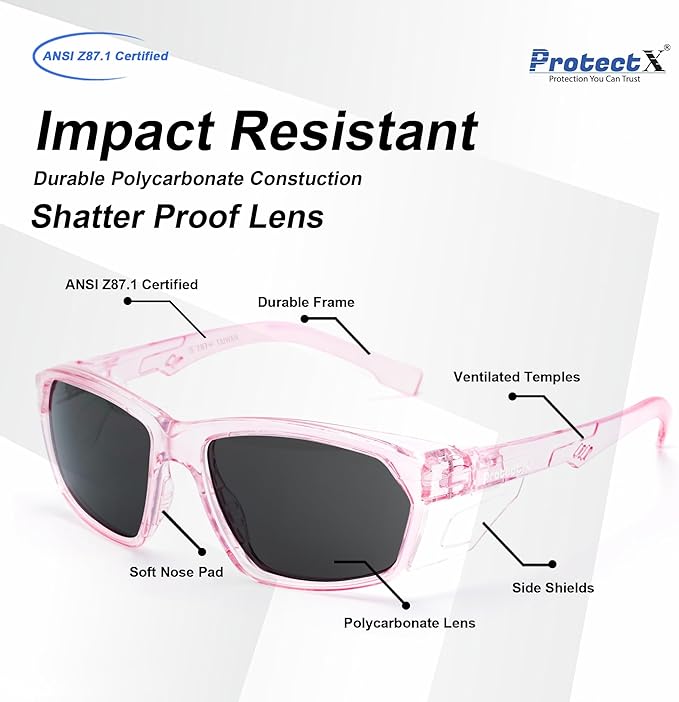 ProtectX Stylish Anti-Fog & Scratch-Resistant Safety Glasses With Readers, UV Protection Goggles, Anti-Impact Lightweight Glasses for Men＆Women Pink Tinted Smoke - 2 Pack