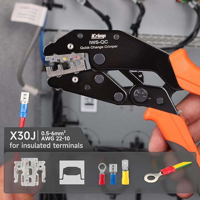 iCrimp Rachet Crimping Tool for Insulated Terminals, AWG 22-10 Wire Crimper, Electrical Crimp Tool, X30J Jaws