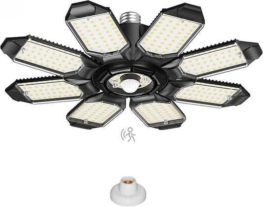 Motion Sensor Garage Light, 25000LM Motion Sensor Shop Light with 8+1 LED Panels, 6500K Daylight, Indoor Motion Activated Light Bulb for Garage, Workshop, Barn, Attic