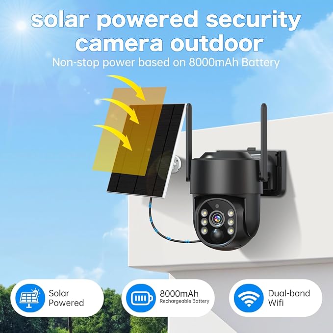 Solar Security Cameras Wireless Outdoor, 2K PTZ WiFi 4MP Indoor Security Camera for Home with Spotlight, PIR Motion Detection,Siren, Color Night Vision, 2-Way Talk, SD/Cloud Storage (TWO CAM)