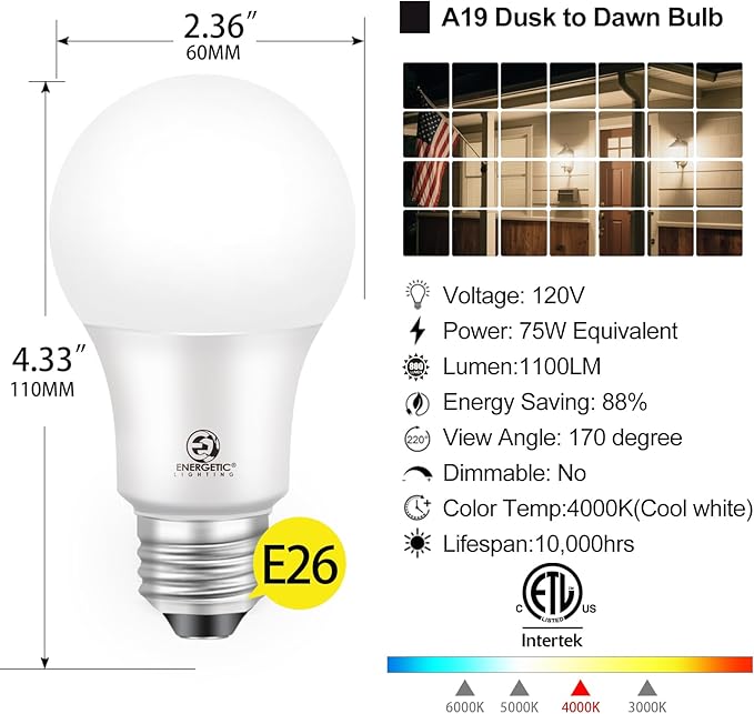 Dusk to Dawn LED Outdoor Light Bulb, 75 Watt Equivalent, 9W 1100 Lumens, 4000K Cool White LED Light Bulbs, E26 Base, Automatic On/Off Sensor Light Bulb for Porch, Hallway, Garage, ETL Listed, 4-Pack
