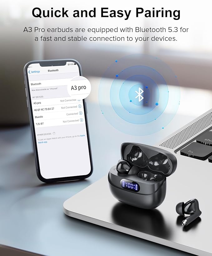 Wireless Earbuds, 42H Playtime Bluetooth 5.3 Headphones, HiFi Stereo Call Noise Cancelling Earbuds, IPX7 Waterproof Stereo in-Ear Earphones with LED Display for iOS Android (Black)