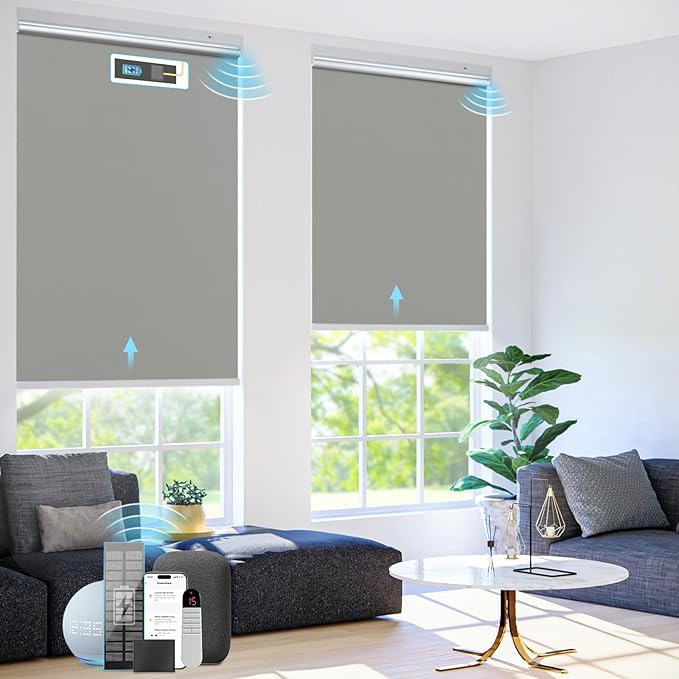Motorized Blinds with Remote Control【Solar Panel Included】 100% Blackout Smart Roller Blinds Automatic Blinds for Windows Cordless Electric Shades Compatible with Alexa Grey,29" W*72" H
