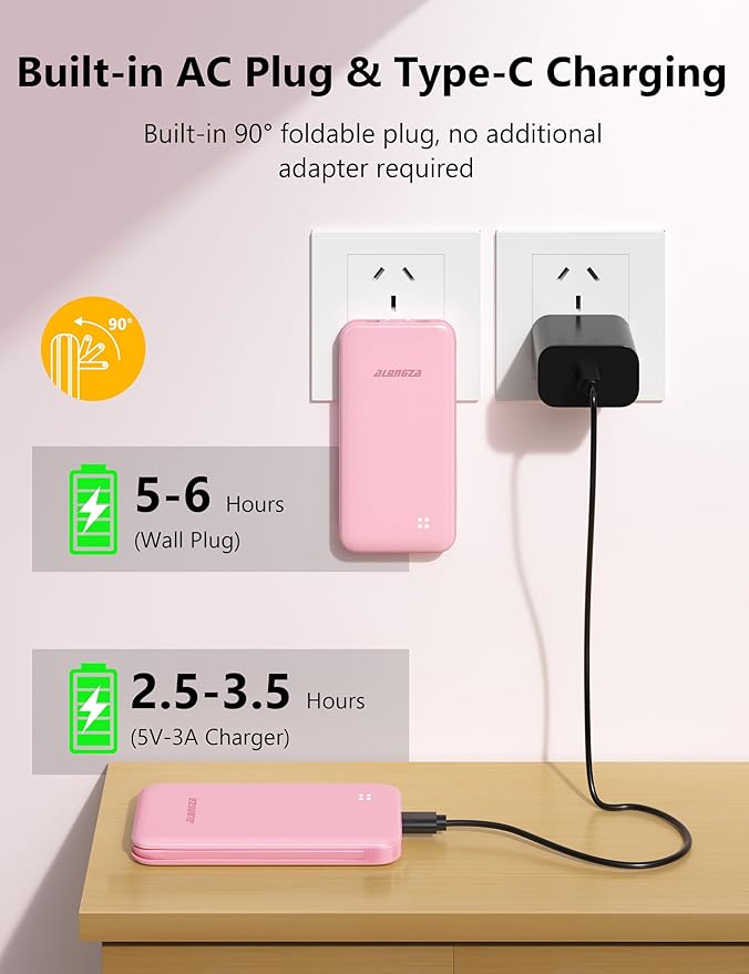 Alongza Portable Charger Built-in Cables and AC Wall Plug, Slim Fast Charging Power Bank 10000mAh, Lightweight USB C External Battery Pack Compact Travel Cell Phone Charger