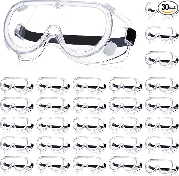 Yunsailing 30 Pack Protective Safety Goggles Clear Lab Over Glasses Anti Fog Eye Protection Goggles for Men Women(Clear, Black)