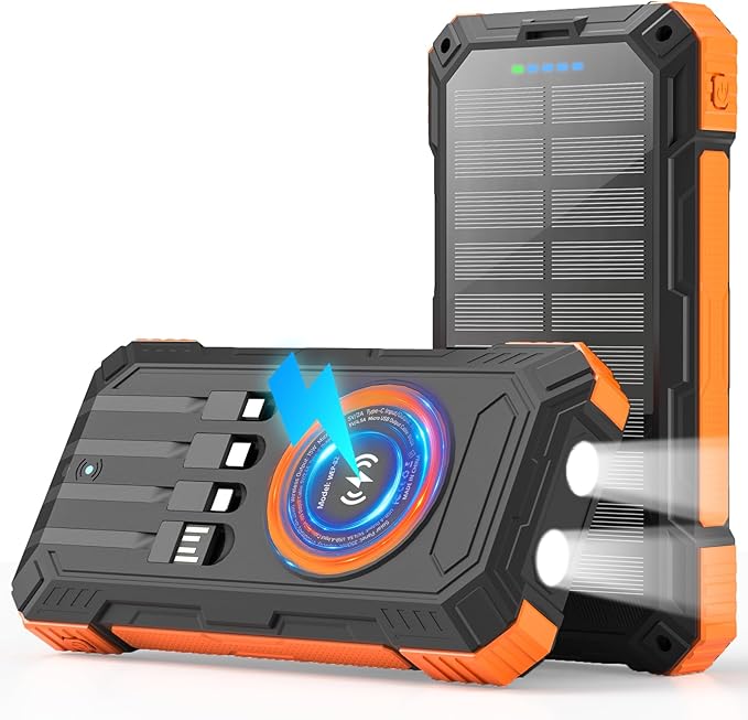 Solar Charger Power Bank 49800mAh Wireless Portable Phone Charger, 22.5W QC3.0 Fast Charging Built in 4 Cables with USB C 6 Outputs & 2 Inputs for All Cell Phone