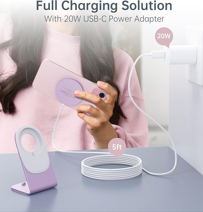 Magnetic Wireless Charger with Aluminum Charging Pad Stand Compatible with iPhone 16/15/14/13/12 Series，20W PD Charger&5ft Cable Included, Pink