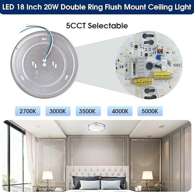 LUNABODE 18-Inch Double Ring Dimmable LED Flush Mount Ceiling Light, 20W, 5CCT 2700K-5000K,1400lm, Brushed Nickel Finish Steel, ETL Listed (2 Pack)