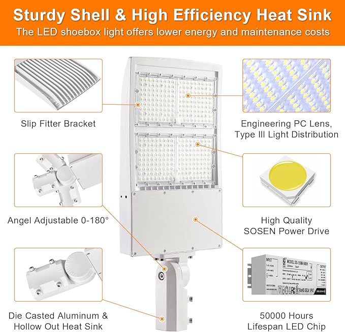 300W White LED Parking Lot Light, 42000LM LED Shoebox Area Light [1000W MH/HPS Equiv.], 5000K Dimmable Outdoor Street Lighting Fixture with Surge Protection Built-in, IP65 AC100-277V UL&DLC Listed