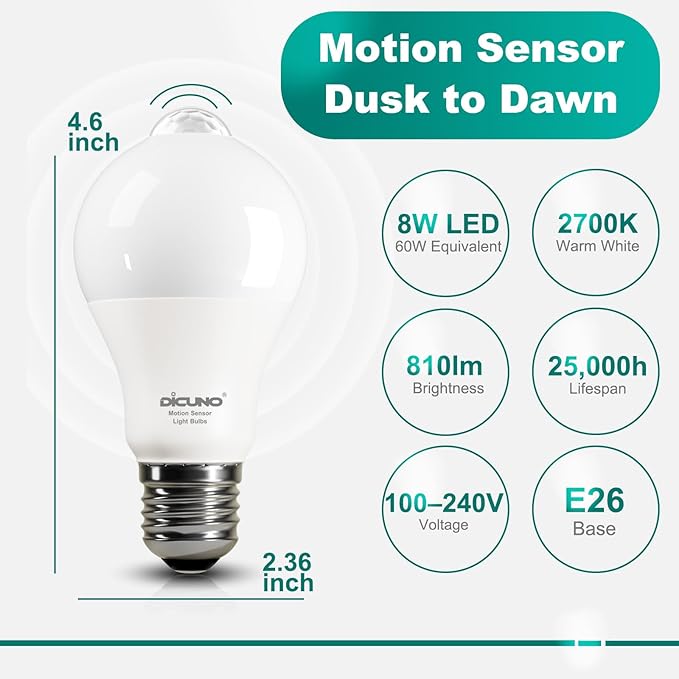 DiCUNO PIR Motion Sensor Light Bulbs Outdoor, 8W (60W Equivalent), Motion Activated Dusk to Dawn Security LED Bulb, for Front Porch, Front Door, 810LM, 2700K Warm White, 2 Pack