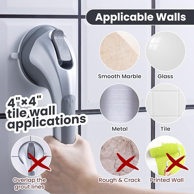 LEVERLOC Grab Bars for Bathtubs and Showers, Shower Handle 17 Inch Strong Suction Bath Handrails, Safety Grip for Bathroom Chair, Bathroom Grab Bar for Senior No Drilling Waterproof,Silver