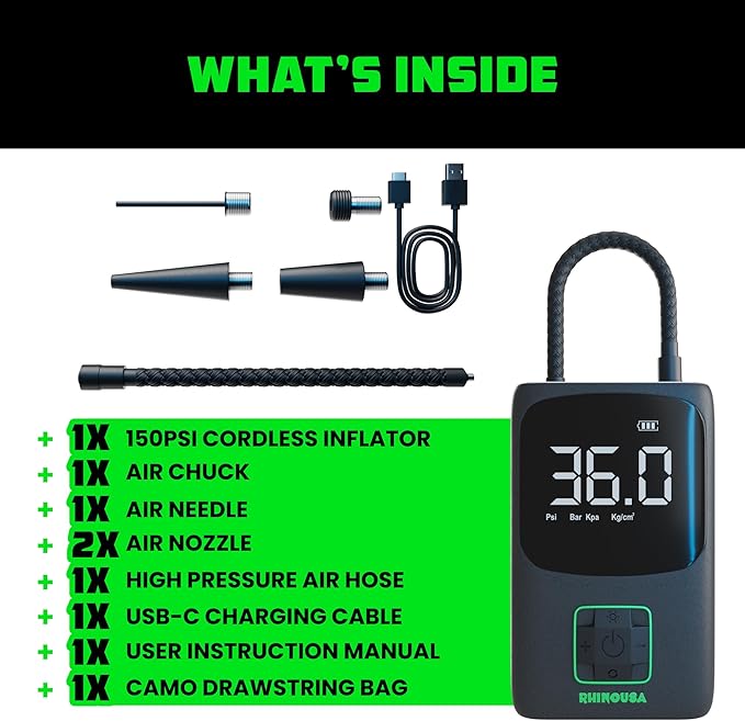Rhino USA Tire Inflator Portable Air Compressor (150 PSI) Upgraded Air Pump for Car Tires with Digital Pressure Gauge - Best Mini Air Pump for Bike Tires with Dual LCD Screen (Black & Green)