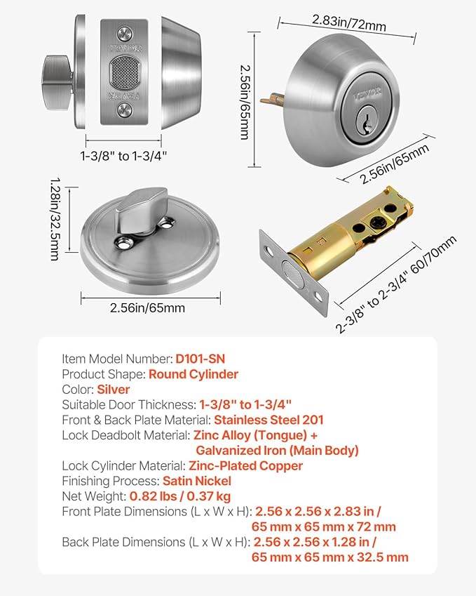 VEVOR Deadbolt Lock, Round Single Cylinder Dead Bolt, Keyed 1 Side, Fits Standard Size Interior and Exterior Doors, Full Metal, with 3 Keys, for Front Entry Door Residential Security, Satin Nickel