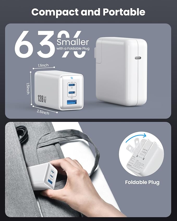 128W USB C Wall Charger,GaN III 3-Port Fast Charging Station,PD QC Foldable Charger Block Portable 65W Laptop Adapter for MacBook Pro/Air,iPad Pro,Galaxy S23,Dell XPS 13,iPhone 16/15/Pro etc Black