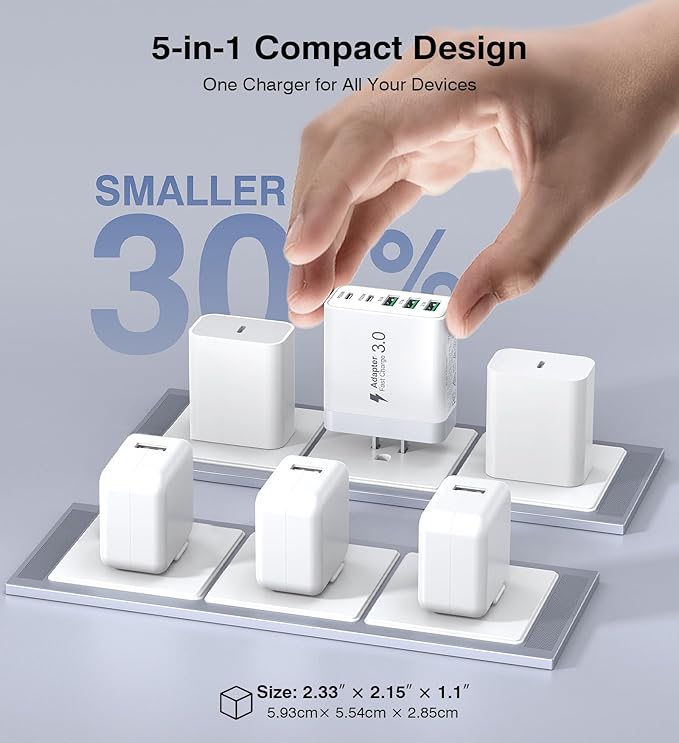 [2-Pack] USB C Wall Charger, 50W Fast USB C Charger Block, 5-Port PD Power Adapter + QC Wall Plug Multiport Type C Charging Block Cube Compatible with iPhone 16 15 14 13 12 11 Pro Max XR XS, Tablets