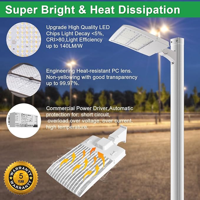 300W LED Parking Lot Light, 5000K 42000LM(140lm/w) LED Shoebox Area Light - Direct Arm Mount, Dimmable Commercial Street Lighting, Surge Protection Built-in, AC100-277V UL DLC Listed