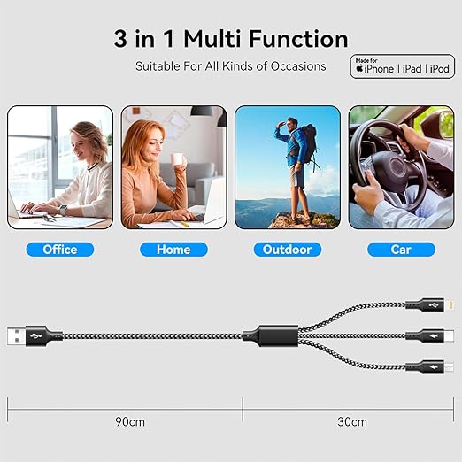 3 in 1 Multiple Charging Cable(2Pack 4Ft), Braided Multi Charger Cord USB C Charging Cable Universal USB Cable with Type C/Micro USB Port for Cell Phones, iPhone 17 16 15 14 13 Series, Tablets, More