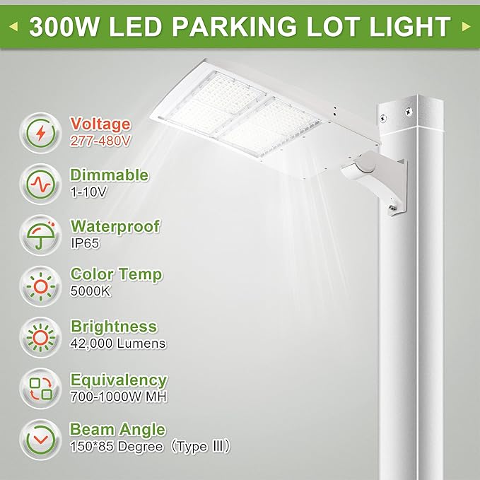 300W LED Parking Lot Light 480V, 42000LM Shoebox Area Light, 1-10V Dimmable, Built-in Surge Protection, 1000W MH/HPS Equivalent, 5000K Daylight, DLC & UL Listed Outdoor Fixture
