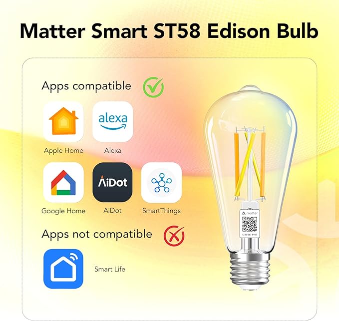 OREiN Matter Smart Light Bulb, ST19(58) Smart Edison Bulbs with Remote Control Work with Apple Home, Alexa, Google Home, SmartThings, 800lm 2700K-6500K Smart Filament Bulb E26 Base 4Pack