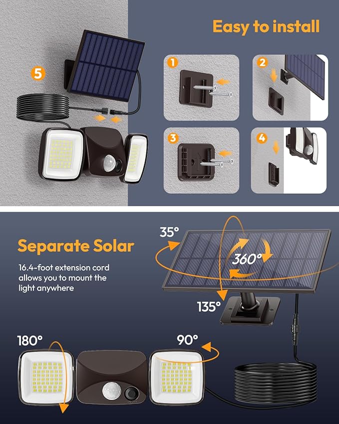 Ultra-Long Battery Life Solar Motion Lights Outdoor, USB & Solar Charging, Rechargeable Battery Operated Lights 3–5 Months Endurance, Perfect for Winter & Rainy Days, Yard, Patio, Backyard (1 Pack)