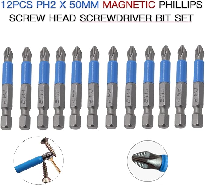 12pcs PH2 Magnetic Screw Head Screwdriver Bit Set, Alloy Steel PH2 X 50mm Long Phillips Drill Bits, 1/4 Hex Shank Anti Slip Drill Bits for Electric Hand Screwdrivers