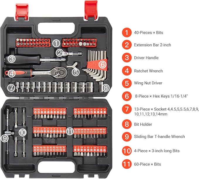 132 Piece Home Repair Tool Set - General Home/Auto Repair Hand Tool Set, Toolbox Storage Case with Driver Handle Socket Wrench Hex Keys Screwdriver bits - Perfect for Homeowner, DIY, Handyman