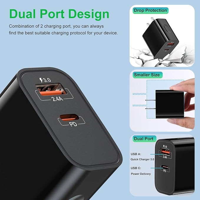 20W USB C Fast Charger+Quick Fast Charger 3.0 Wall Charger, Bangfun 5 Pack Dual Port PD Fast Charging Block Power Adapter Compatible iPhone 17/16/15/14/13/12/11 Pro Max/XS/SE/Plus, Samsung S20 (Black)
