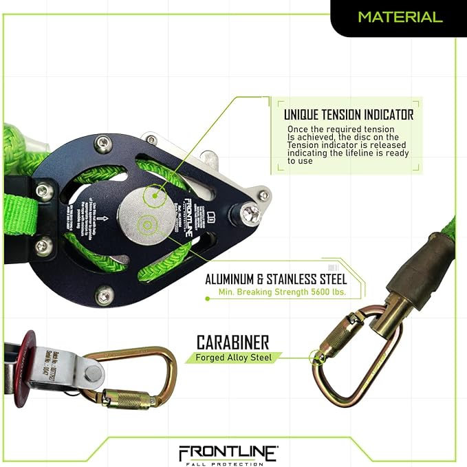 Frontline HLK1004 4-Person 100' Adjustable Horizontal Lifeline System with 6' Anchor Straps | OSHA & ANSI Compliant | Comes in Frontline Bag