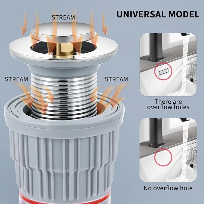 Bathroom Sink Pop-Up Drain Kit, Fits for 1-1/4'' & 1-1/2'' Drain Hole, Universal Use with or Without Overflow, Tool-Free Installation, with Anti-Clogging, Anti-Odor, Anti-Insect, Space-Saving Design