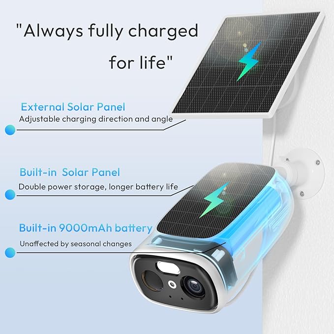 2K Solar Camera Outdoor Wireless, 2.4/5 Ghz WiFi Cameras for Home Security,130°-Wide View,Color Night Vision, IP65 Waterproof,2-Way Audio,Cloud/SD, Support Alexa