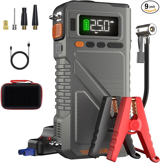 Portable Car Jump Starter with Air Compressor, 8000A Jump Box Combo 150PSI Tire Inflator, 12V Vehicle Jumpstarter Power Pack for All Gas/12L Diesel