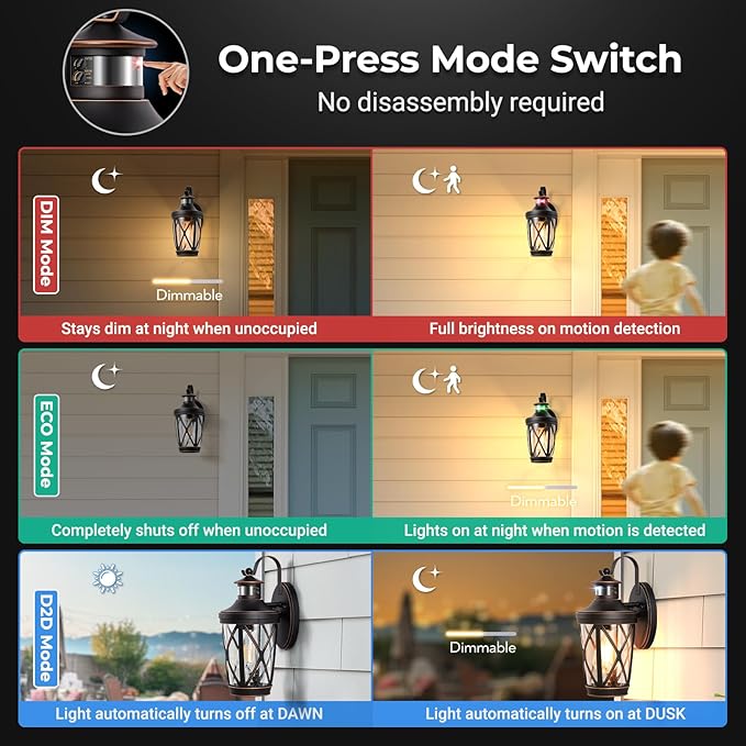 VIANIS Motion Sensor Outdoor Porch Lights, Modern Dusk to Dawn Exterior Wall Light Fixtures, Oil Rubbed Bronze Gold Trim Wall Lanterns for Garage, Waterproof Coach Lights with Adjustable Sense Range
