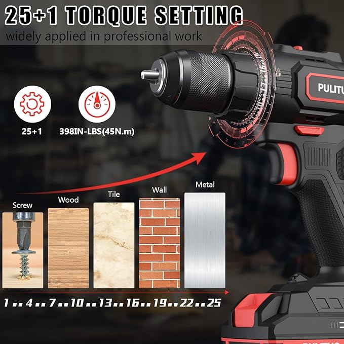 PULITUO Cordless Drill Set, 20V/2.0Ah Electric Power Drill, Torque 45N.m, 25+1 Torque Setting,1/2” Keyless Chuck, 2 Variable Speed Setting, with 43 PCS Bits, Storage Bag
