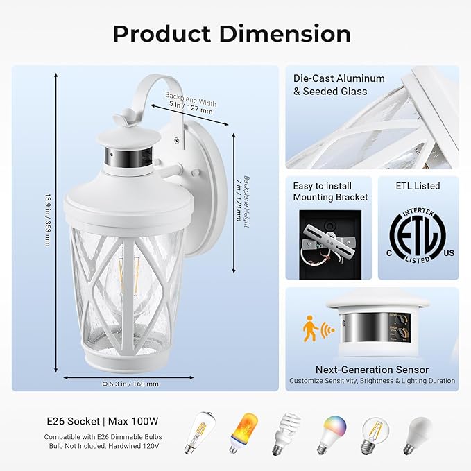 VIANIS Motion Sensor Outdoor Wall Light Fixtures, 2-Pack White Dusk to Dawn Front Porch Lights, Anti-Rust Outdoor Lanterns Wall Mount with Adjustable Sense Range, Exterior Coach Light for Garage