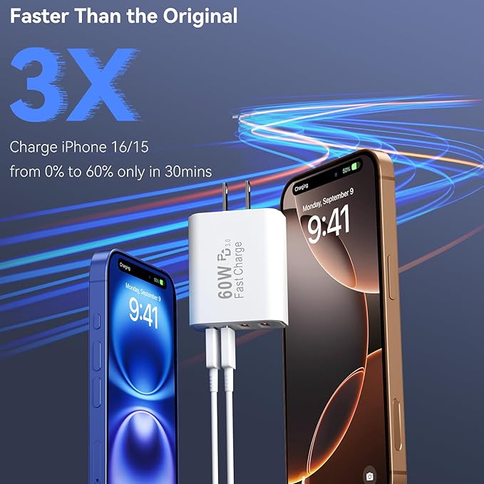 USB C Wall Fast Charger Block, 60W 4-Port Type C Charger Fast Charging Blocks +QC 3.0 USB C Multiport Charger Brick for Phone 16/15/14/13/12 Pro Max, Pad, Galaxy S24/23