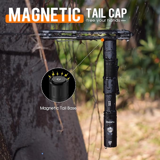 S22 2AA Tactical EDC Dual Mode Flashlight Rechargeable,1200 High Lumen Pocket Flashlight with Magnet,Dual Switch Mini LED Flashlight and Side Light COB Light 4 Mode, 365nmUV