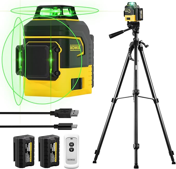 IKOVWUK Laser Level with Tripod, Laser Level 3x360° Self Leveling 12 Green Line, Rechargeable Battery 2 x 3000 mAh & Type-C Charging Port, Compact Adjustable 1.6M Tripod & Carry Pouch Included