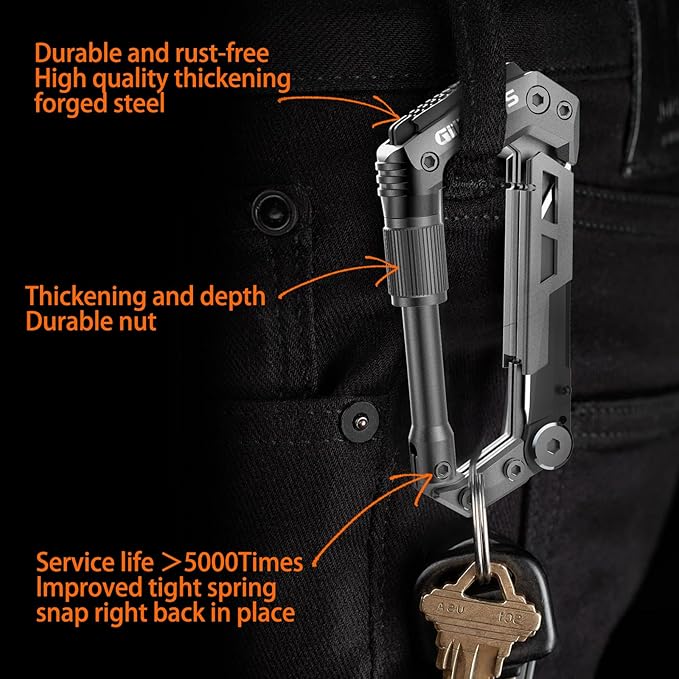 Carabiner Multitool with Pocket Knives, 8-in-1 EDC Carabiners, Serrated Knife, Rope Cutter, Screwdriver, Can Bottle Opener, Ruler, Folding Knife for Camping Hiking, Gifts for Men (Grey)