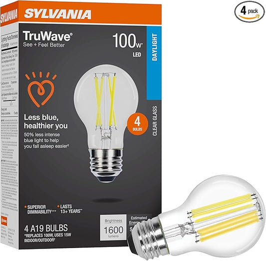 Sylvania LED TruWave Natural Series A19 Light Bulb, 100W Equivalent, Efficient 15W, 1600 Lumens, Medium Base, Dimmable, Clear, 5000K, Daylight - 4 Pack (42273)