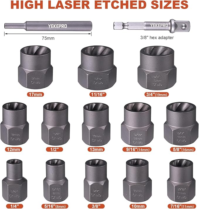 15 PCS Bolt Extractor Set, 3/8" Drive Impact Bolt & Nut Remover Socket Tool Kit, Stripped For Damaged, Frozen, Studs, Rusted, Rounded-Off Bolts, Nuts & Screws, Cr-Mo Steel, T38215