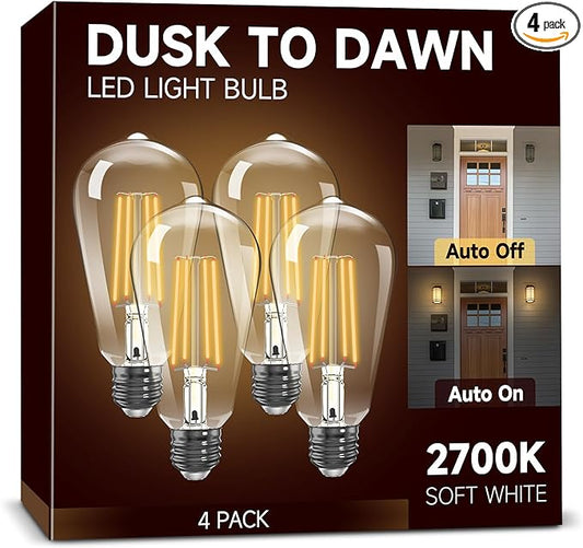 Dusk to Dawn Light Bulbs, Outdoor Light Bulbs, ST64 6W Equivalent 60W, 2700K Soft White, 600LM LED Outdoor Lighting, E26 Base, Photocell Sensor, Auto On/Off Bulb for Porch Patio Garage, 4 Pack