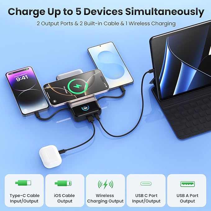 Wireless Portable Charger 40800mAh with Built-in Cables, 15W Wireless Charging USB C Power Bank, 25W PD QC 4.0 5 Outputs TFT LCD Display Battery Pack for iPhone 16/15/14/13/12, Samsung, Android etc