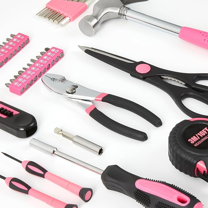 39 Piece Tool Set General Household Hand Kit With Storage Case Basics Tools for Home, Garage, Office and College Dormitory Use (Pink)